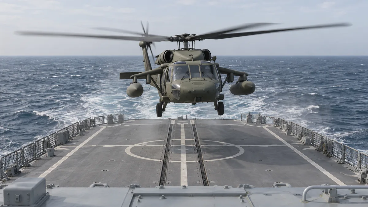AI-generated illustration of a helicopter approaching a ship deck